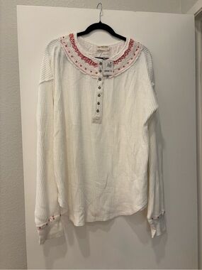 NWT We The Free White Red Stitched Holly Button Embroidered Henley Long Sleeve